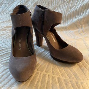 Gray suede ankle strap heels